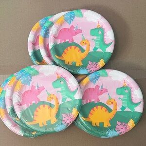 Kids Party Dinosaur Paper Plates - Pink, Green & Yellow